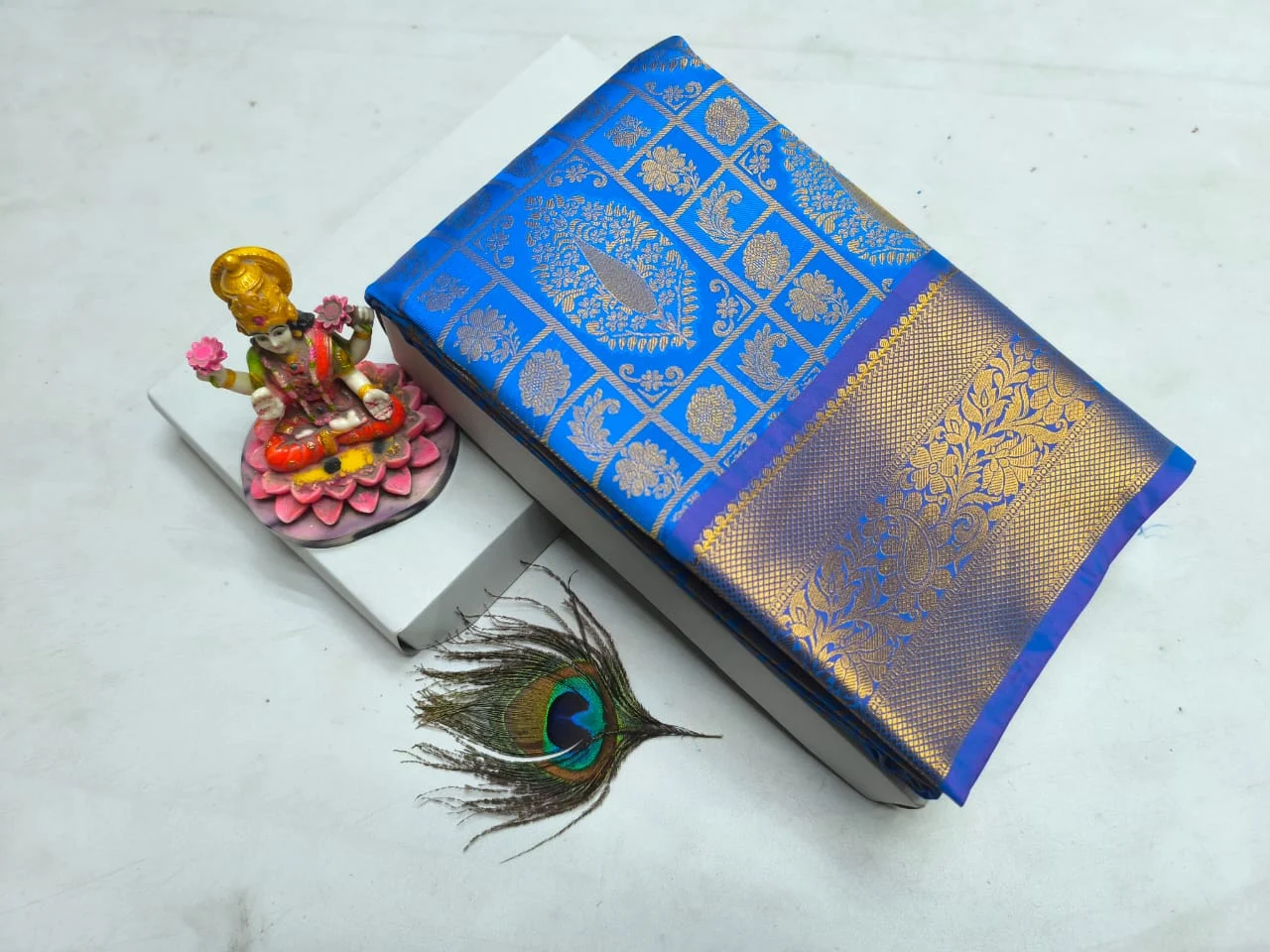 Royal Blue Checks Butta Kanchipuram Silk Saree with Floral Zari Border